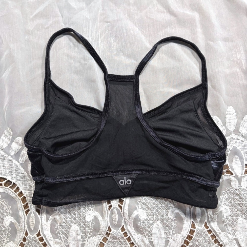 Alo Yoga Black Velvet Mesh Racerback Sports Bra Womens XS Preppy Workout